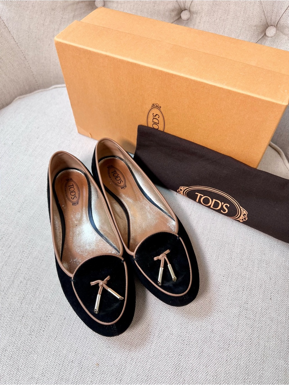 Tod's Black Suede Loafers with Tan Piping